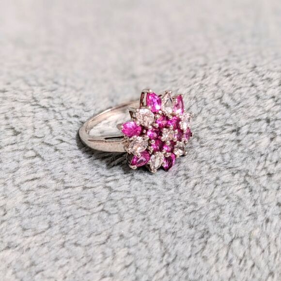 Vintage Pink & White Cubic Zirconia Ring  Rhodium Plated - Picture 13 of 13